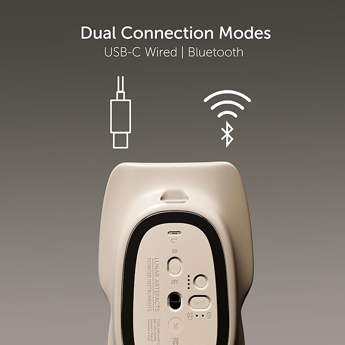 LUNAR ARTEFACTS Ambidextrous Rechargeable Bluetooth Wireless Computer Mouse White Translucent with White Powder Coated Aluminum, USB-C