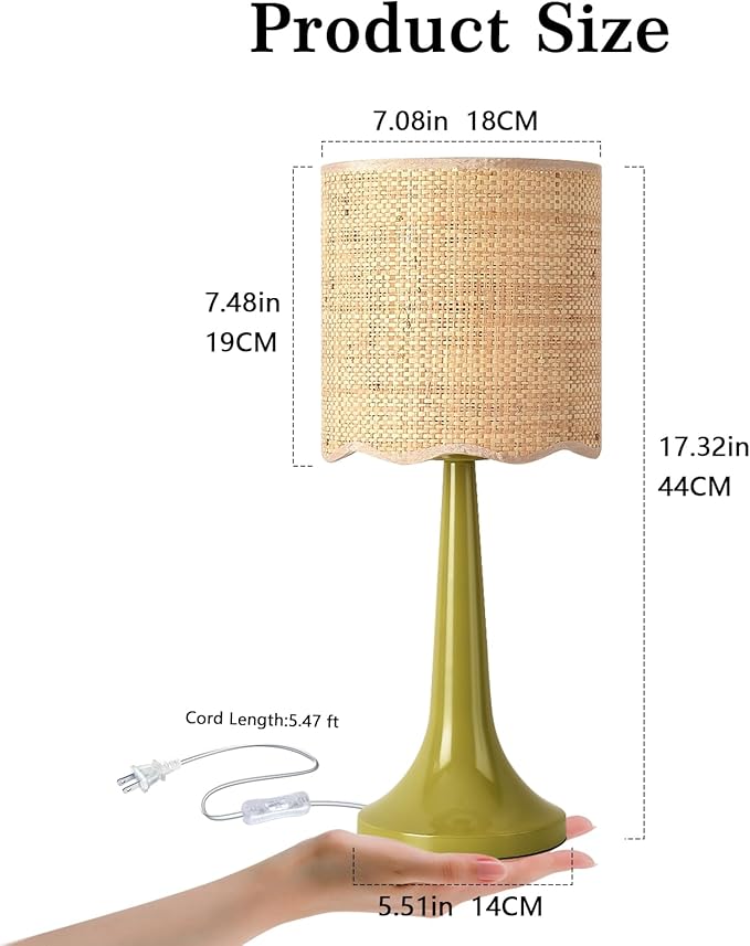 Green Rattan Small Table Lamp for Bedroom, Green Bedroom Lamps for Bedside Nightstand, Small Rattan Shade Table Shape Lamps for Small Spaces for Kitchen Counter, Home Office, Living Room, Kids Dorm