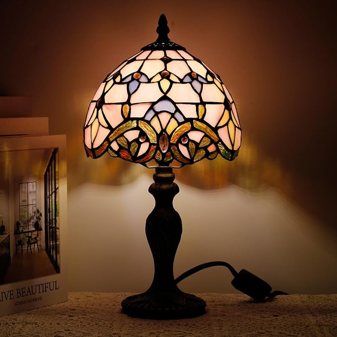 Small Tiffany Lamp Stained Glass Table Lamp Mini Desk Accent Light for Bedroom Bedside Reading Home Antique Style Decor 8X15 Inches (Pink Baroque)