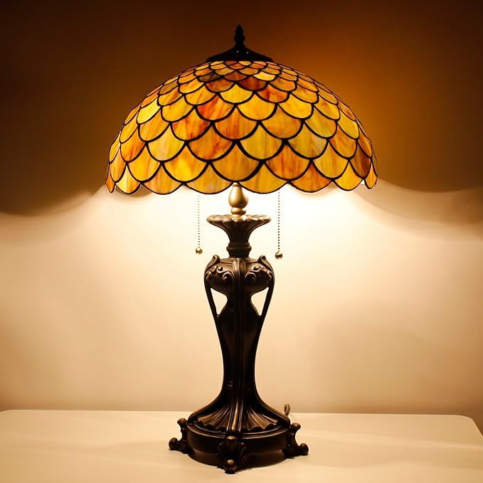 Tiffany Stained Glass Table lamp 16X16X24 Inch Brown Fish Scales Style Desk Bedroom Living Room Antique Reading Light (Brown Fish Scales)