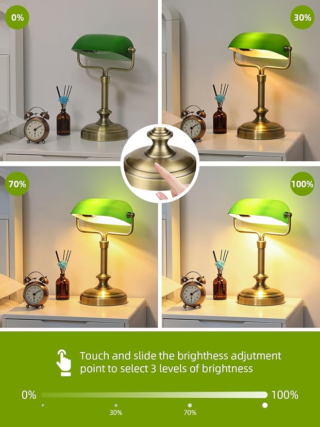 Traditional Banker's Desk Lamp with Glass Shade,Pull Chain Switch, LED Bulb Included (Antique Brass+Green+Touch)