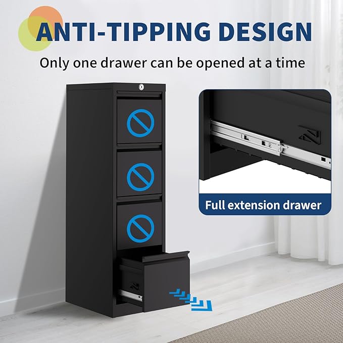 GarveeHome 4-Drawer File Cabinet with Lock - Heavy Duty Metal Filing Cabinet for Letter/Legal/A4/F4 Documents - Vertical Storage for Home Office, Black