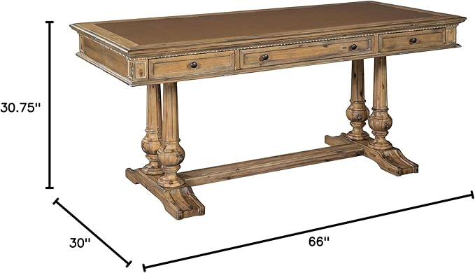 Hekman Furniture Wellington Hall Office Desk - Leather Top, Fluted Column Base, Writing Table, Antique Brass Hardware & Utility Drawers Luxury Wooden Executive Desk with Drop Front Keyboard Tray