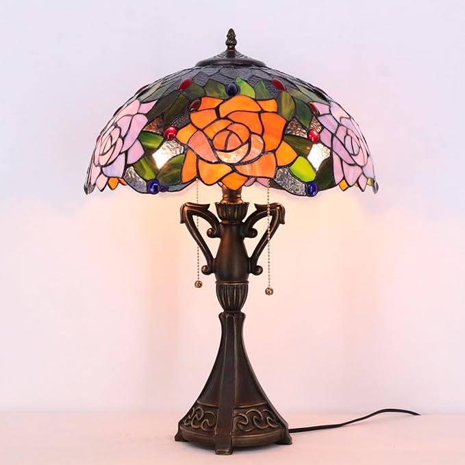 Tiffany Table Lamp 24 Inch High Antique Stained Glass Purple Orange Rose Flower Desk Reading Light Wide 16 Inch for Bedroom Living Room Home Office