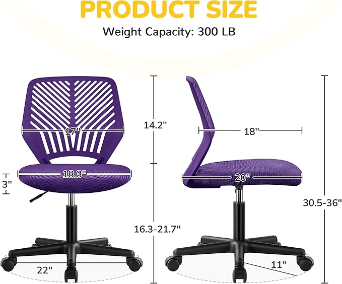 Yaheetech Students Cute Desk Chair Low-Back Armless Study Chair w/Lumbar Support Adjustable Swivel Chair in Home Bedroom School, Purple