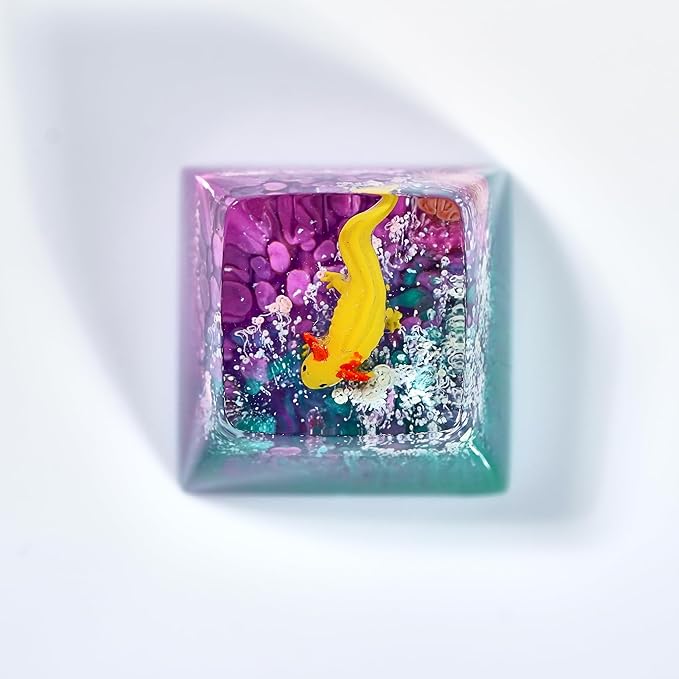 Yellow Axolotl in Blue Purple Ocean Artisan Keycap R1 SA Profile Custom Animal Axolotl Keycap 1U ESC Handmade Resin Compatible with Cherry MX Mechanical Keyboard for Axolotl Lover