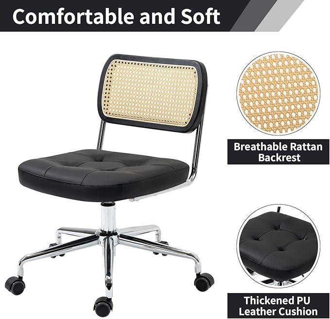 Mid Century Modern Home Office Chair with Wheels, Armless Leather Rattan Desk Chair, Upholstered Adjustable Height Swivel Computer Chair, Black