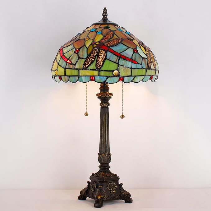 Tiffany Table Lamp Green Red Stained Glass Desk Lamp 12X12X21 Inches Dragonfly Style Reading Light