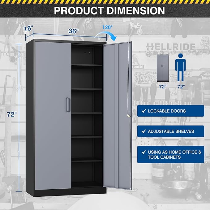 Metal Storage Cabinet-72” Tall Steel File Cabinets with Lockable Doors and 5 Adjustable Shelves-Black&Gray Steel Storage Cabinet for Home, School, Office, Garage
