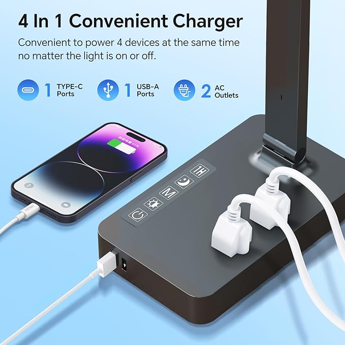 Power Strip with LED Desk Lamp, 2 Outlets 1 USB-A Ports 1 Type-C Ports, Small Desk Lamp for Home Office with Surge Protection, 5ft Extension Cord, 5 Color Modes 5 Brightness, Dorm Room Essentials