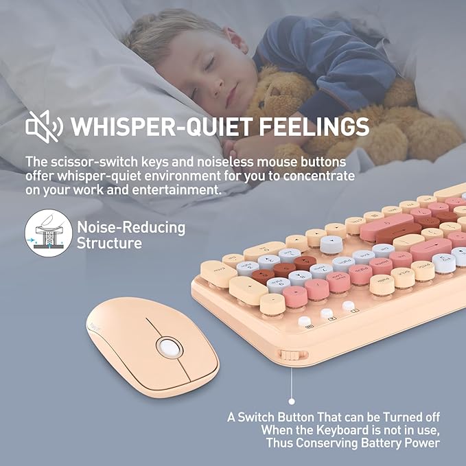 Wireless Keyboard and Mouse Combo with Switch Button- 2.4GHz Cordless Typewriter Keyboard | Auto-Sleep | USB Receiver for Windows PC/Laptop - Milk Tea Colorful