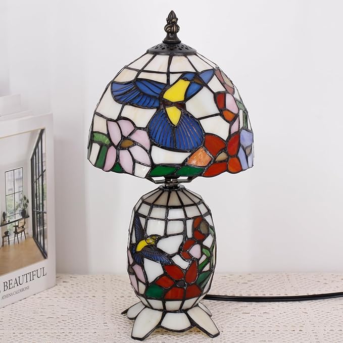 Small Tiffany Lamp Stained Glass Table Lamp Mini Mother Daughter Vase Desk Accent Light for Bedroom Bedside Reading Home Antique Style Decor 8X14 Inches (Hummingbird)