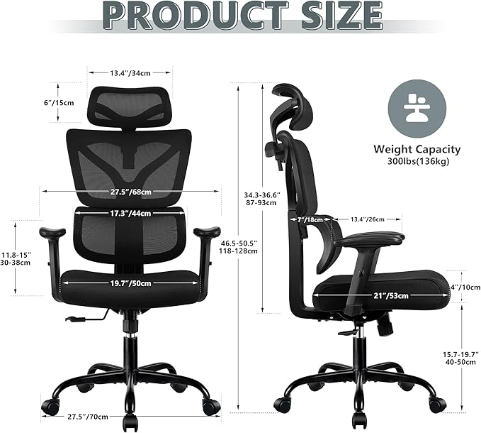 Winrise Office Chair Ergonomic Desk Chair, High Back Gaming Chair, Big and Tall Reclining Comfy Home Office Chair Lumbar Support Breathable Mesh Computer Chair Adjustable Armrests (Black)