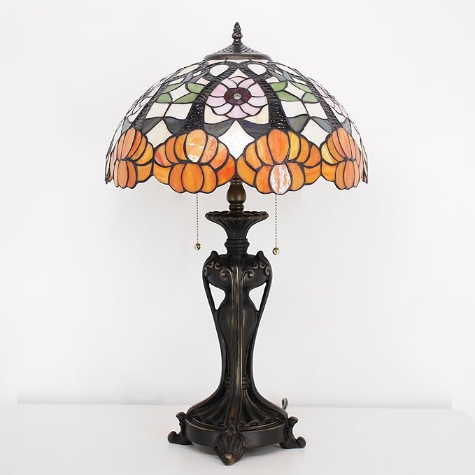 Tiffany Stained Glass Table lamp 16X16X24 Inch Orange Flower Style Desk Bedroom Living Room Antique Reading Light (Orange Flower)