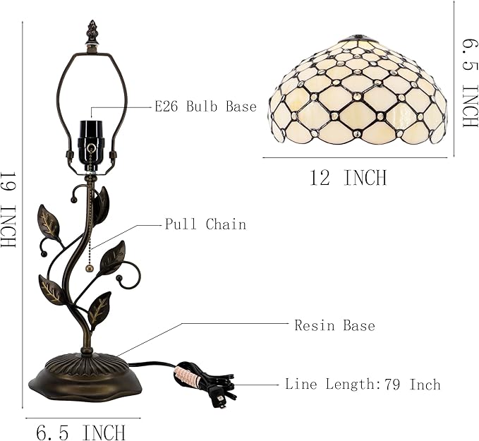 Tiffany Table Lamp, Stained Glass Style Desk Lamp, 12X12X19 Inch,Bedside Reading Light, Metal Leaf Base (Cream Bead Style)