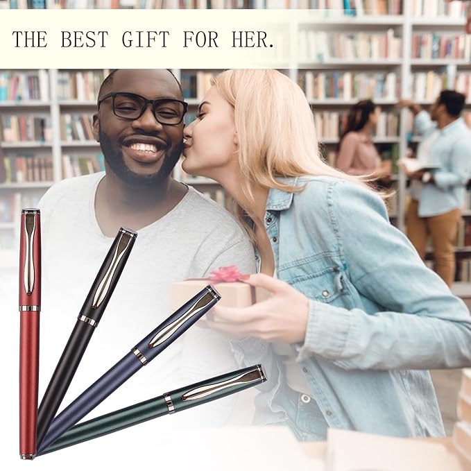Liquid Ink Rollerball Pen, Luxury Metal Pen with Smooth Writing, Stylish Design, Effortless Writing, Fancy Pen with Gift Case for Men & Women, 2 Refills - Inky Black