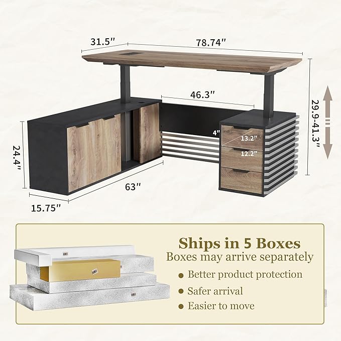 78.74IN Adjustable Heigh L Shaped Executive Desk with Drawers, Modern Executive Standing Home Office Desk w/Universal Charging Ports, Large Business Workstation w/Cord Management,Black and Warm Oak