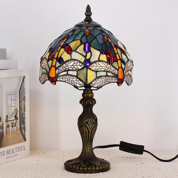 Small Tiffany Lamp Stained Glass Table Lamp Mini Desk Accent Light for Bedroom Bedside Reading Home Antique Style Decor 8X15 Inches (Blue Yellow)