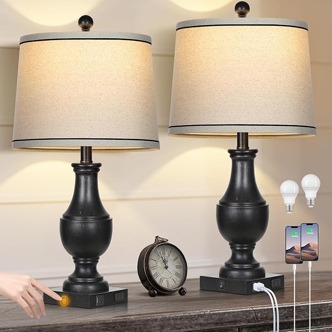 Vintage Farmhouse Lamps Set of 2, 25" Rustic Retro Table lamps with USB A+C Charging Ports & AC Outlet, Antique Resin Traditional Bedside Lamp with Linen Fabric Lampshade for Living Room Bedroom Black