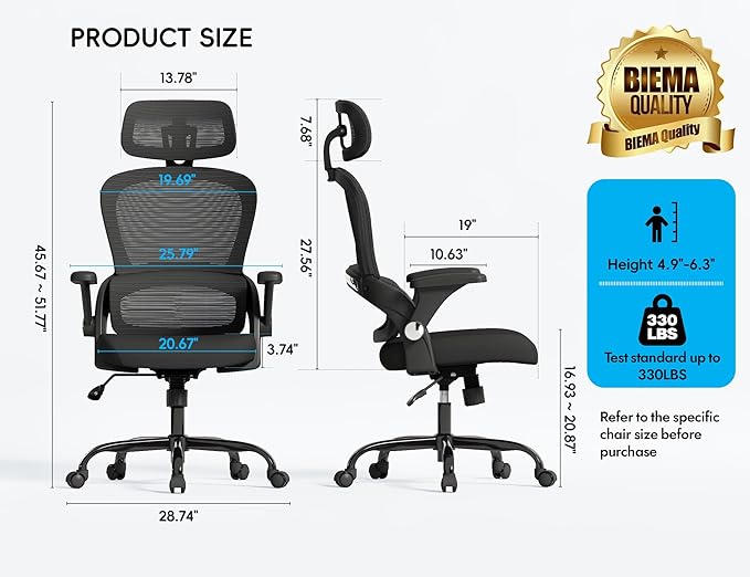 TRALT Office Chair - Ergonomic Office Chair with Back Support, Computer Chair - Home Office Desk Chair, 330 lbs Wide Seat Big and Tall Office Chairs with Headrest, Comfy Desk Chairs (Black)