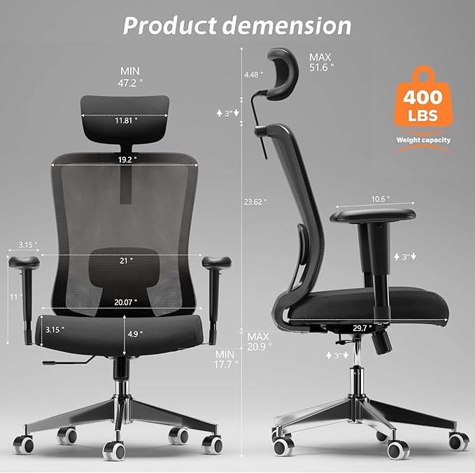 Ergonomic Office Chair, Mesh Desk Chair with Adjustable Headrest and 2D Armrest,Computer Chairs with Lumbar Support, Big and Tall Office Chair 400lbs, Large (01black)