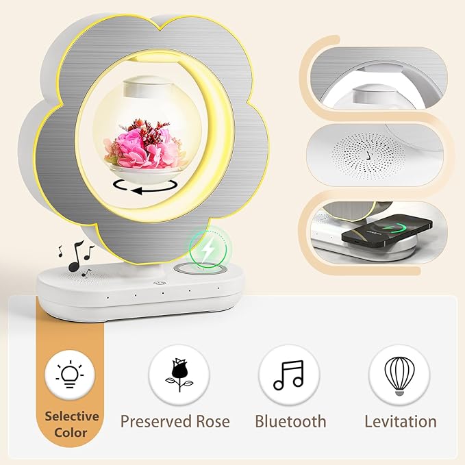 LoveLin Floral Preserved Rose Flowers with Bluetooth Speakers, 5W Magnetic Levitation Table Lamp with Variable Color LED Light, Unique Forever Flower Gift for Women, Girls, Mother and Grandma