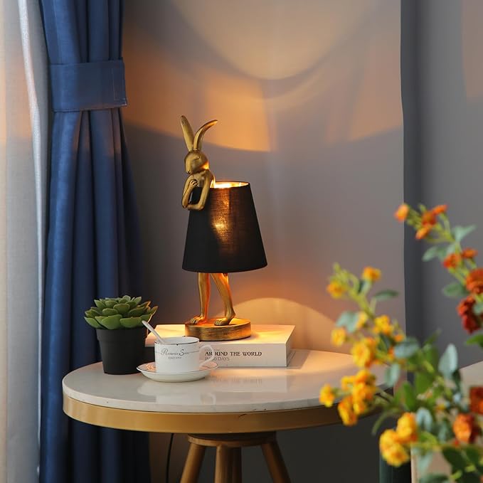 LED Bunny Table Lamp, Resin Animal Rabbit Desk Light with Linen Shade, 15.7 Inch Decorative Lamp for Bedroom, Office & Kids Room (15.7" Black Shade)