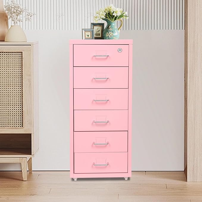 TFCFL Mobile File Cabinet 6 Drawer Vertical File Cabinet with Wheels Metal File Cabinet with Lock for Home Office, 11" D x 16" W x 27" H (Pink)