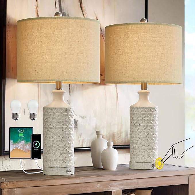 PoKat 24" Farmhouse Table lamp for Nightstands Set of 2 for Living Room, White Bedroom Bedside Lamp for Living Room, Ceramic Bedside Nightstand End Table Lamps, White