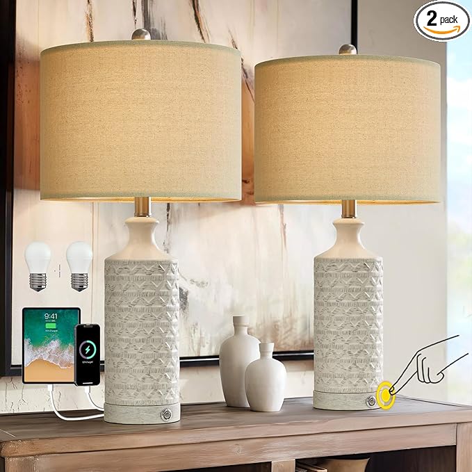 PoKat 24" Modern Contemporary Ceramic Lamp Set of 2 for Living Room White Desk Decor Lamps for Bedroom Farmhouse Bedside Nightstand End Table Lamps, White and Grey
