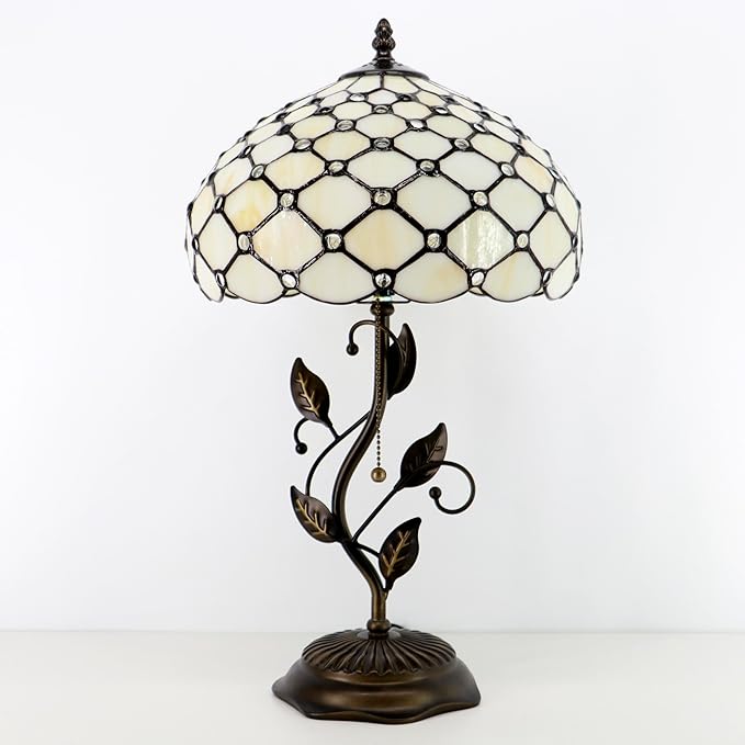 Tiffany Table Lamp, Stained Glass Style Desk Lamp, 12X12X19 Inch,Bedside Reading Light, Metal Leaf Base (Cream Bead Style)