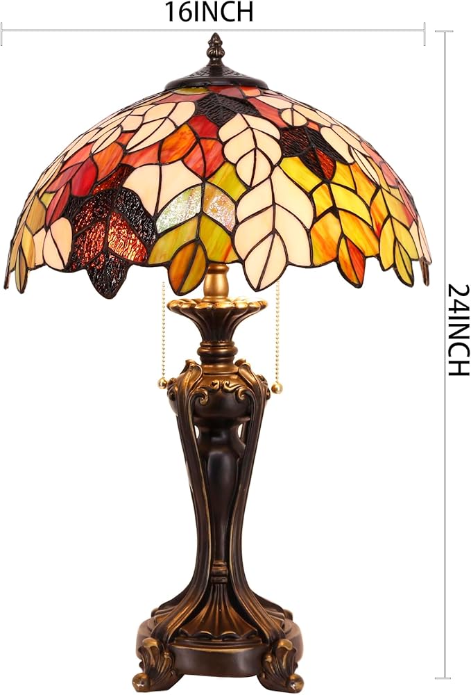 Tiffany Stained Glass Table Lamp 16X16X24 Inch Maple Leaf Style Desk Bedroom Living Room Antique Reading Light (Maple Leaf)