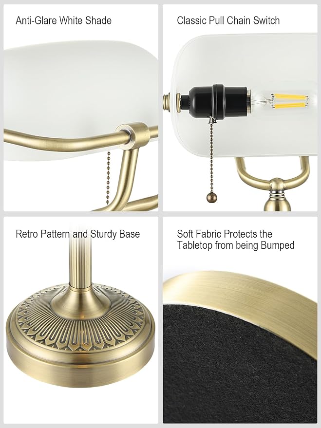 Newrays Glass Bankers Desk Lamp with Pull Chain Switch Plug in Fixture (Matted White +Green Bronze Base, Classic)
