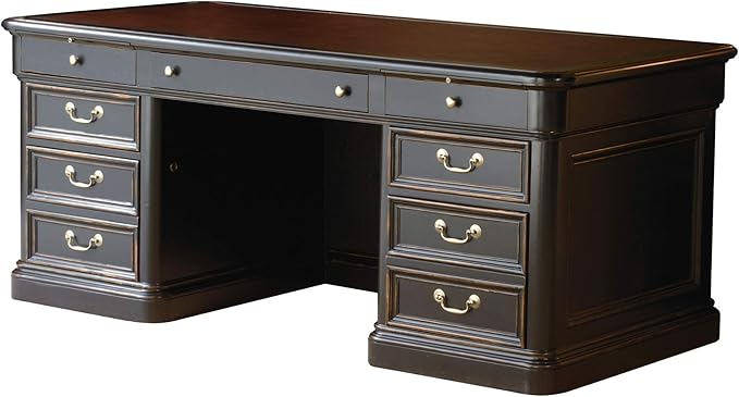Hekman Furniture Louis Philippe Executive Desk with Leather Top - Distressed Wooden Finish, File Drawers, Pull Out Writing Surfaces & Secret Compartment for Office & Corporate Storage