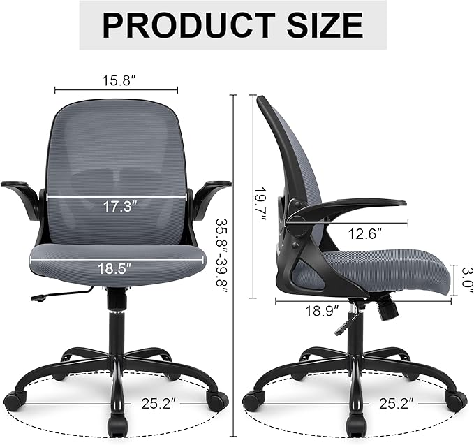 Primy Office Chair Ergonomic Desk Chair with Adjustable Lumbar Support and Height, Swivel Breathable Desk Mesh Computer Chair with Flip up Armrests for Conference Room(Dark Gray)