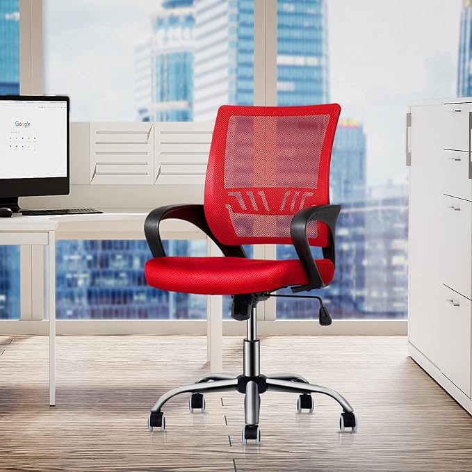 MoNiBloom Mesh Office Home Chair, Mid Back Ergonomic Rolling Swivel Chair with Padded Seat and Armrest, 250 lbs Capacity, Red