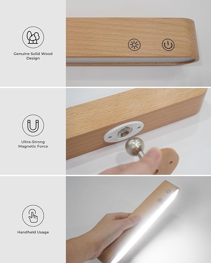 Rechargeable LED Wall Sconces Set of Two,Wall Lights for Bedroom with Remote Control and Touch,360° Magnetic Rotation,3 Colors Dimmable Brightness Wood Wall Lamps with 15 RGB Colors,2 Pack