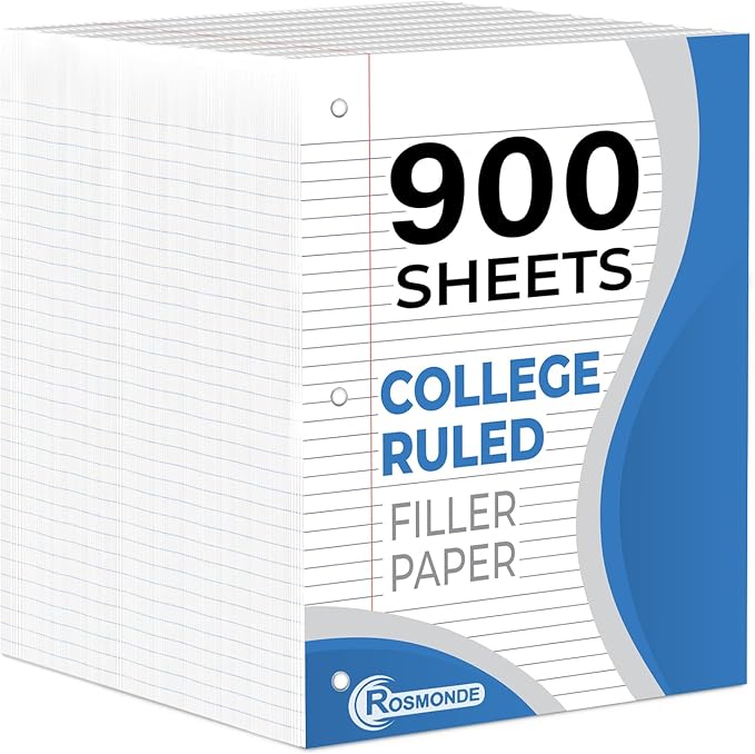 Rosmonde 6 Pack Loose Leaf Paper, 900 Sheets, College Ruled, 8" x 10.5", 56 gsm Bulk Office Filler Paper, 150 Sheets/Pack, 3 Hole Punched, College Ruled Paper for 3 Ring Binder, Notebook Paper, White