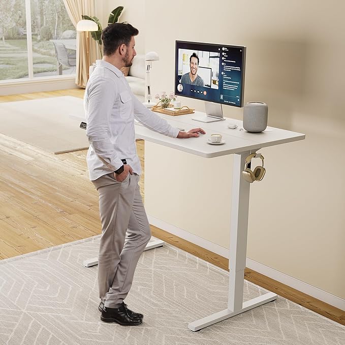 SMUG Adjustable Height Standing Desk 40 Inch Electric Sit Stand Up Down Computer Table Ergonomic Rising Modern Lift Motorized Gaming Desktop Workstation for Work Home Office White