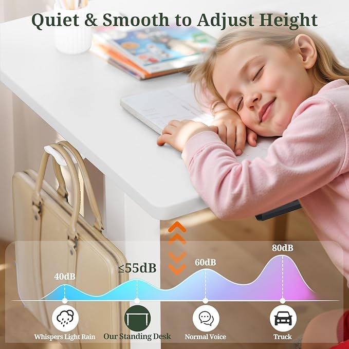 55 x 24 in Electric Standing Desk - Memory Height Adjustable Ergonomic Sit-to-Stand Rising Computer Table Gaming Workstations with 2 Hooks and Wire Hole for Home Office, White