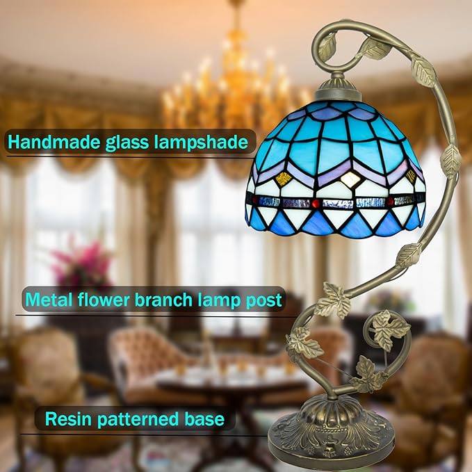 Tiffany Lamp,21x11x8inches Blue Stained Glass Lamp,Tiffany Style Table Lamp with Three-Color Dimming for Bedside Table,Dining Table,Antique Office