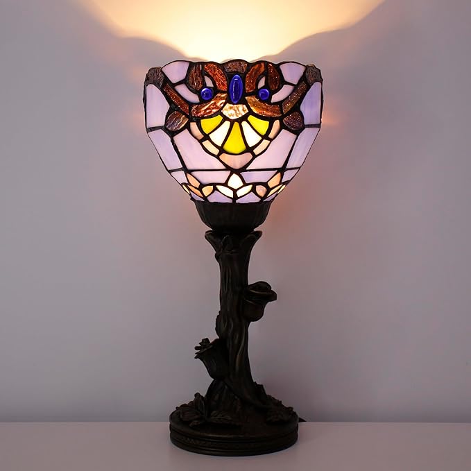 Small Tiffany Lamp Stained Glass Table Lamp Desk Uplight 6X6X13.5 Inch for Bedroom Bedside Office (Blue Baroque)