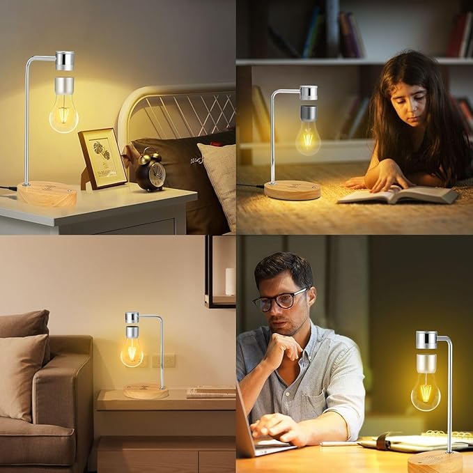 Magnetic Levitating Light Bulb Lamp, Floating LED Bulb Desk Lamp with Wireless Charger, Rotating Levitating Bulb Night Lights for Room Office Decoration (Silver)