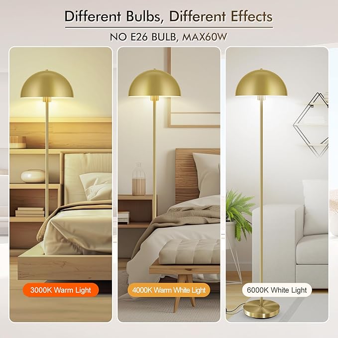 Gold Floor Lamp, 65.6in Floor Lamps for Living Room with Mushroom Dome Shade, Industrial Metal Standing Lamp, Mid Century Modern Floor Lamp for Bedroom/Office, E26 Socket, No Bulb