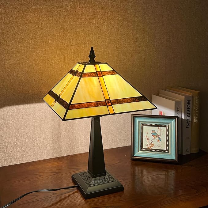 Tiffany Table Lamp,Amber Stained Glass Table Light,Antique Style Medium Size Desk Lamp Vintage Beside Reading Lamp for Living Room Bedroom Office