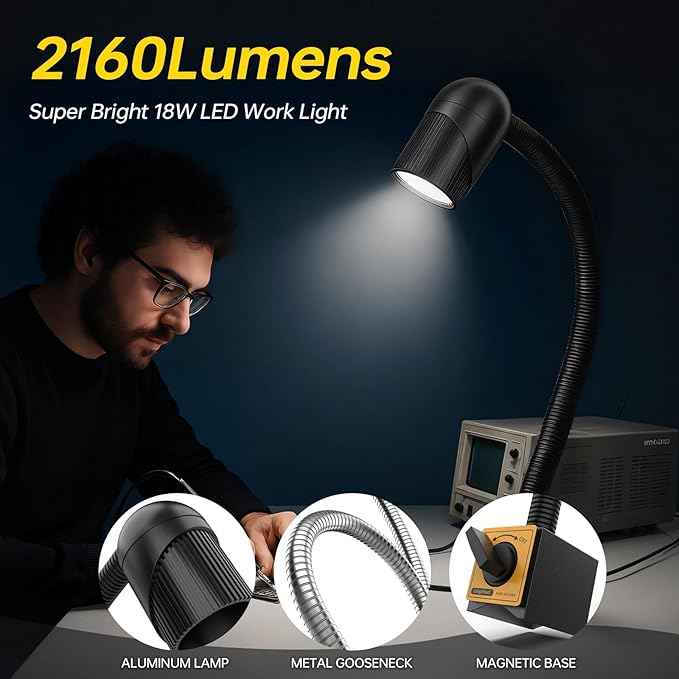 New Magnetic Lamp, 18W Magnetic Lathe Machine Light, 2160 Lumens Flexible Work Light for CNC Milling Machine Drill Press Lighting (magnet base)
