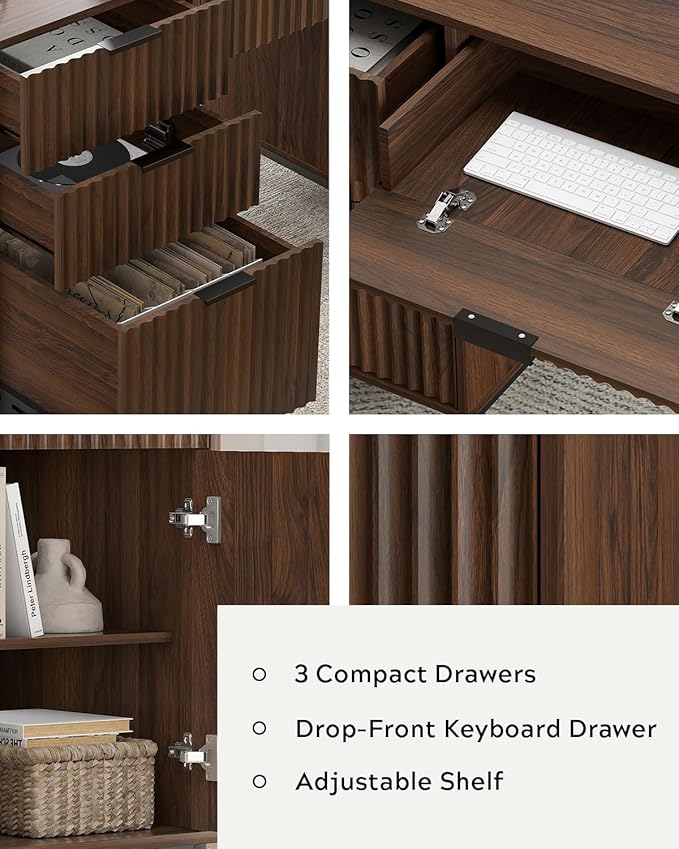 Modern Fluted Executive Desk with File Drawer, 55" Large Computer Desk with Storage and Charging Station, Wooden Home Office Desk for Workspace, Writing, Study, Brown