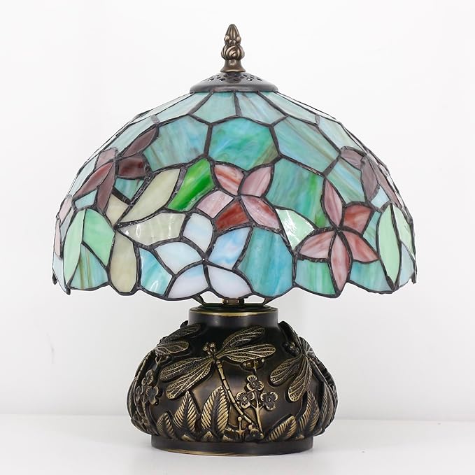 Small Tiffany Table Lamp Red Green Flowers Style Stained Glass Desk Lamp 10X11.5 Inch Mushroom Table Light for Office Home Living Room Bedroom