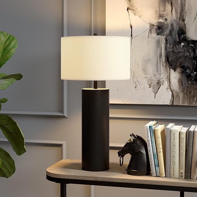 Henn&Hart 29.5'' Mid-Century Modern 1-Light Table Lamp with White Fabric Drum Shade for Living Room, Bedroom, or Office, Blackened Bronze