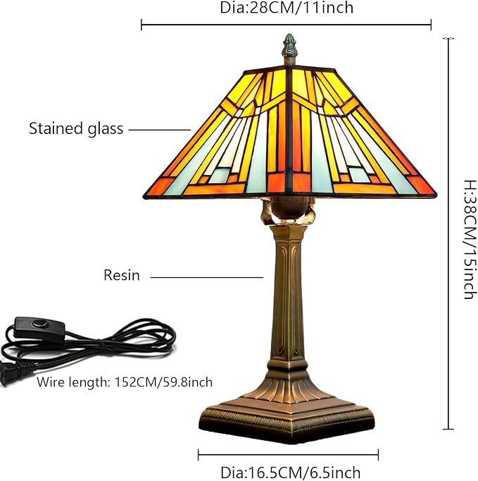 Tiffany Table Lamp Amber Brown Stained Glass Lamp Mission Style Antique Desk Beside Reading Lamp for Office Home Living Room Bedroom
